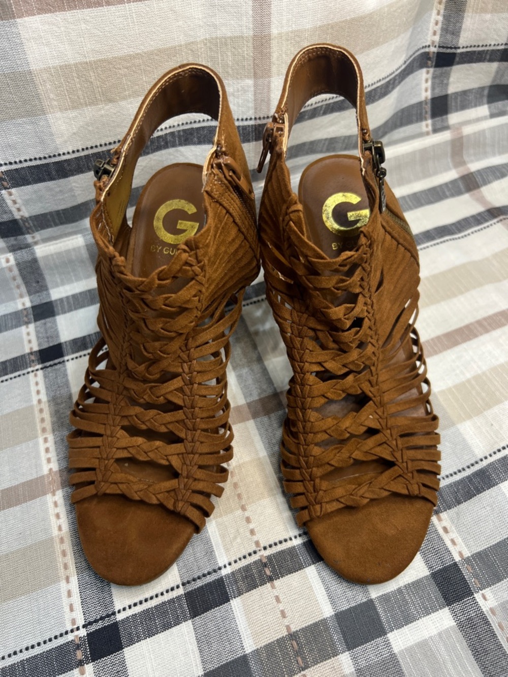 GUESS Brown Suede Strappy Block Heel Sandals